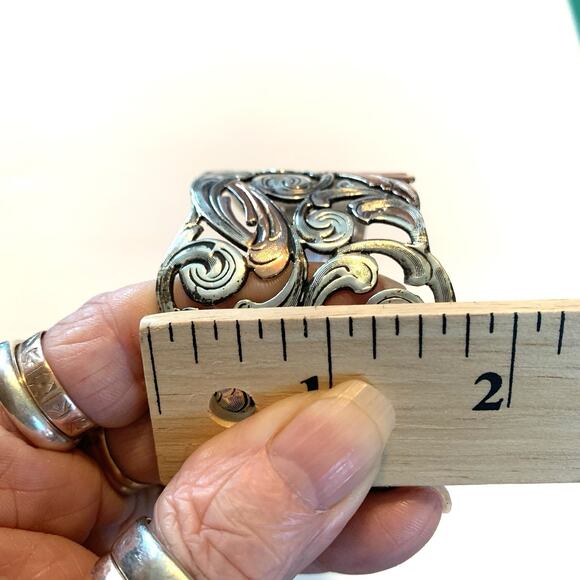 Bold Two Tone Filigree Cuff Bracelet Copper & Silver Tone Openwork Design - Picture 8 of 9